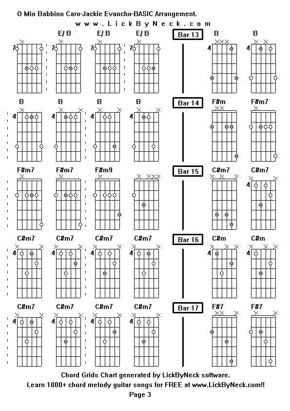 Chord Grids Chart of chord melody fingerstyle guitar song-O Mio Babbino Caro-Jackie Evancho-BASIC Arrangement,generated by LickByNeck software.